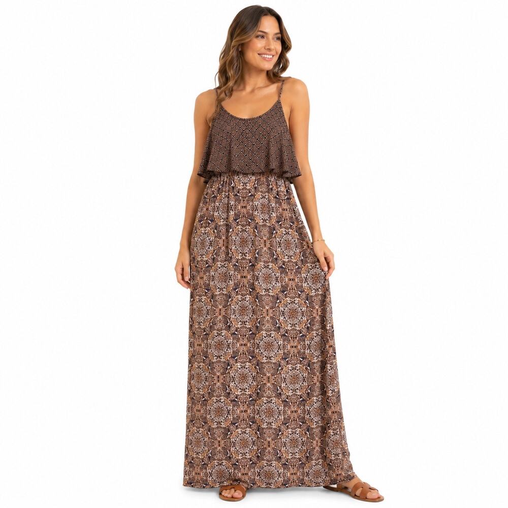 Pink Rose Boho Printed Racerback Maxi Dress Sz L